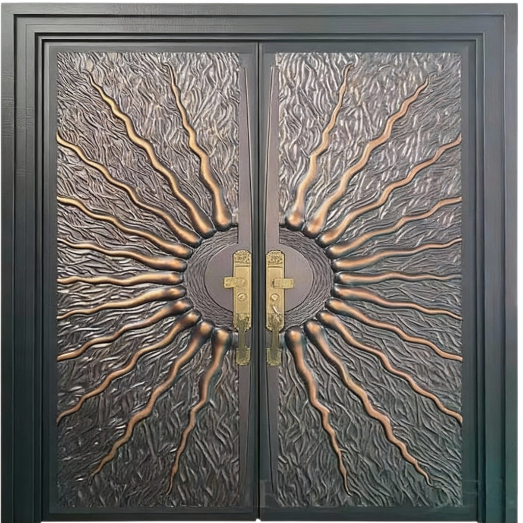 Handcrafted Steel Double Entry Door with Sunburst Medallion Model # A3DC1089