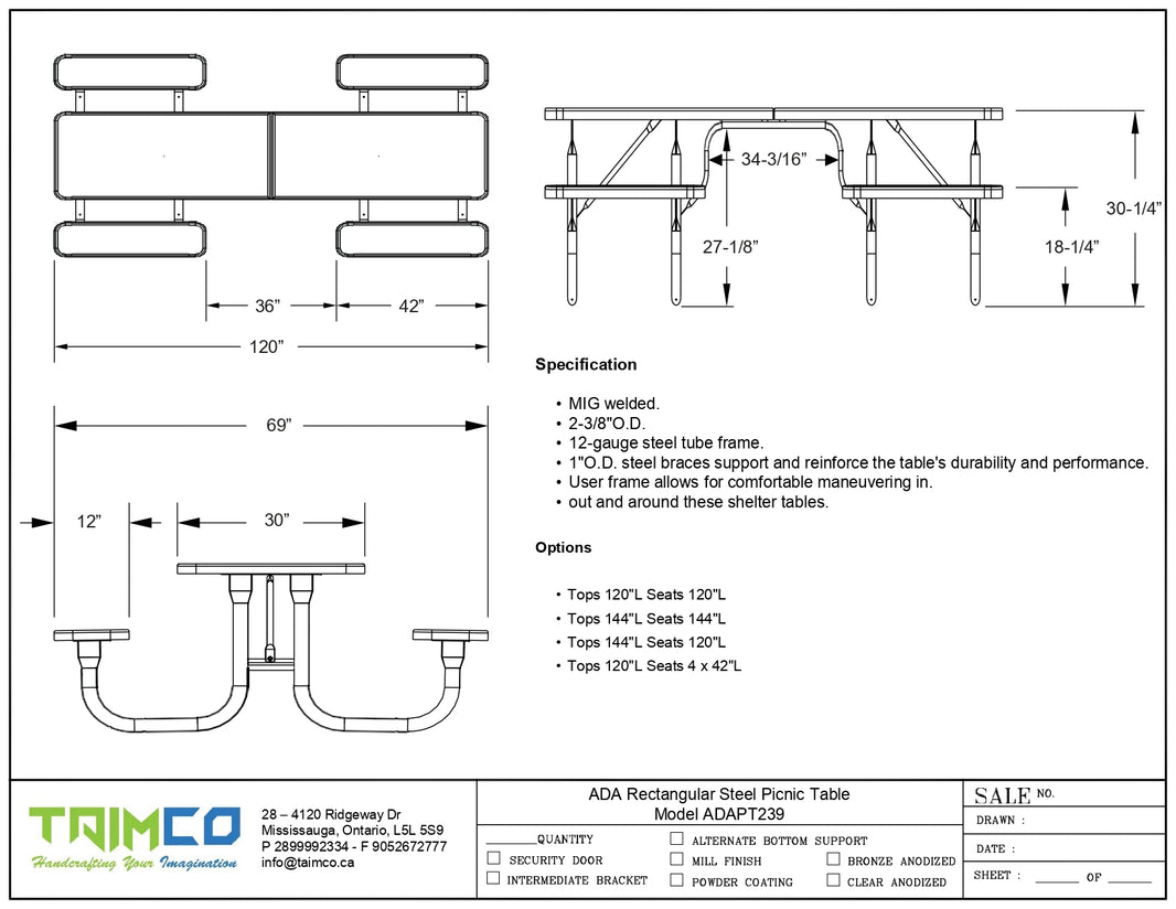 ADA Rectangular Steel Picnic Table - Model ADAPT239