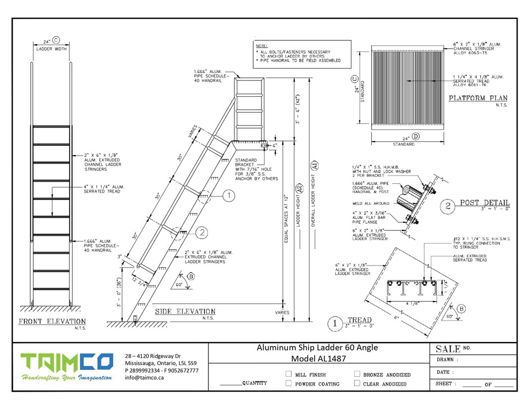 Ship Aluminum Ladders With Platform 60 & 75 Standard Degrees - Model # SL1487