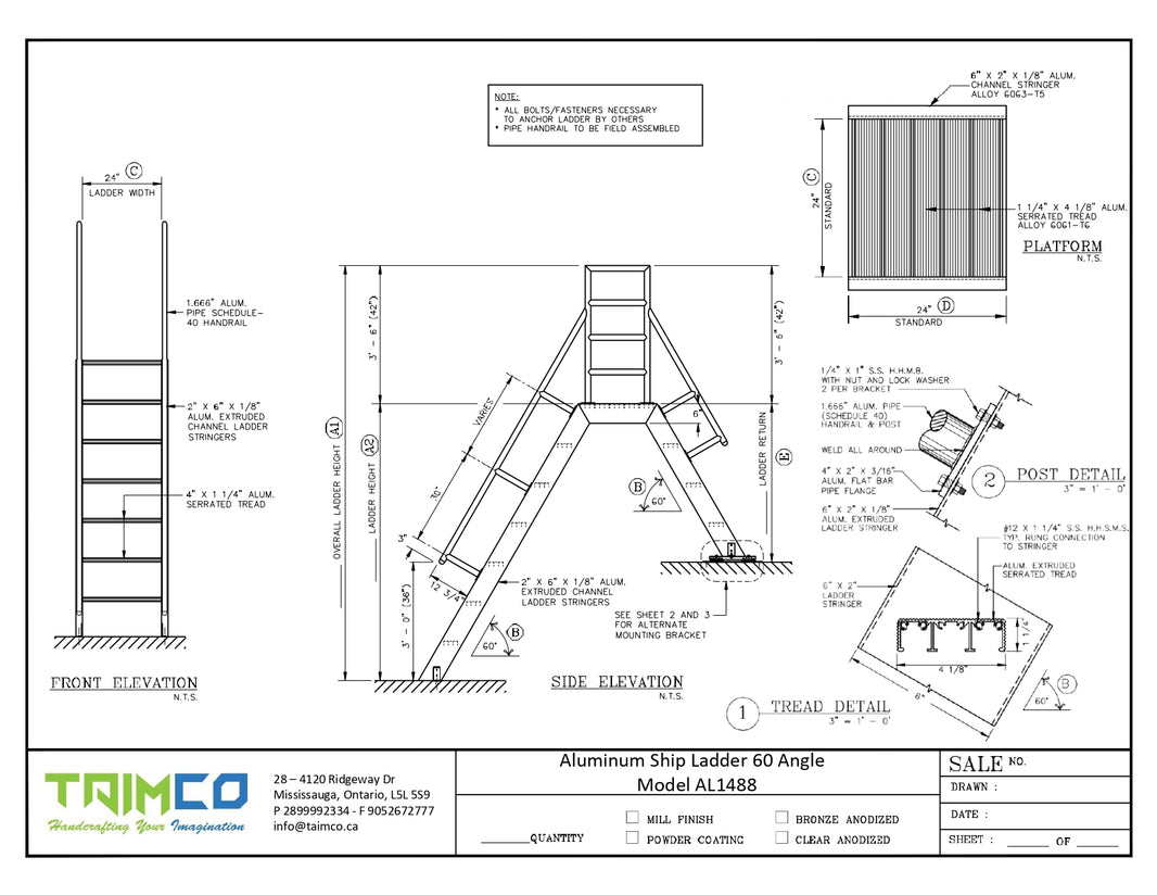 Ship Aluminum Ladders With Platform and Return 60 & 75 Standard Degrees - Model # SL1488