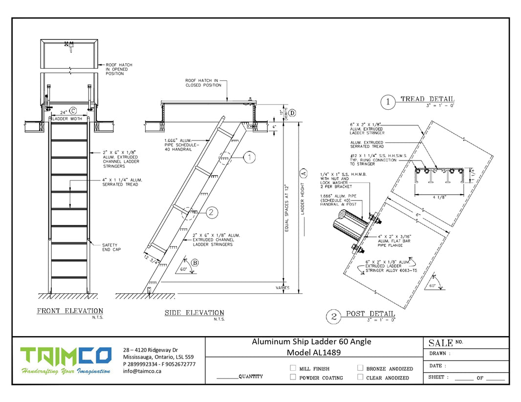 Ship Aluminum Ladders With Access to Roof Hatch 60 & 75 Standard Degrees - Model # SL1489