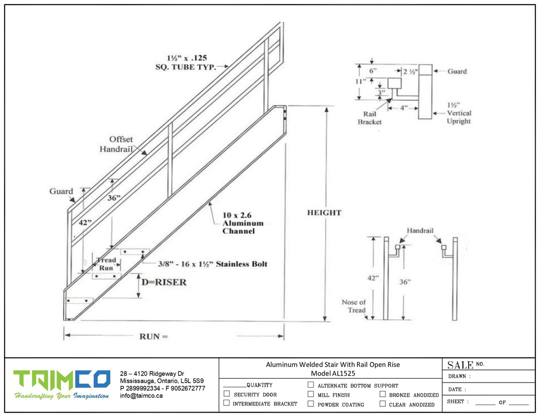 Aluminum Welded Stair With Rail Open Rise Model AL1525