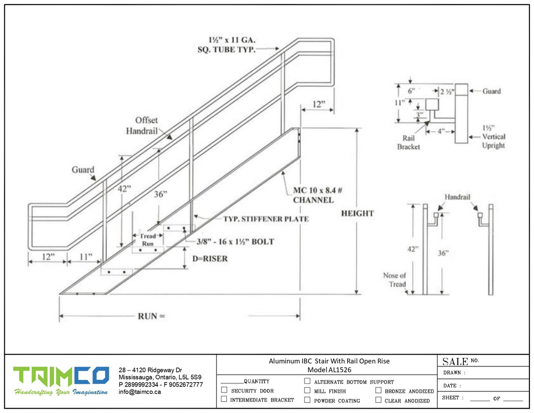 Aluminum IBC  Stair With Rail Open Rise Model AL1526