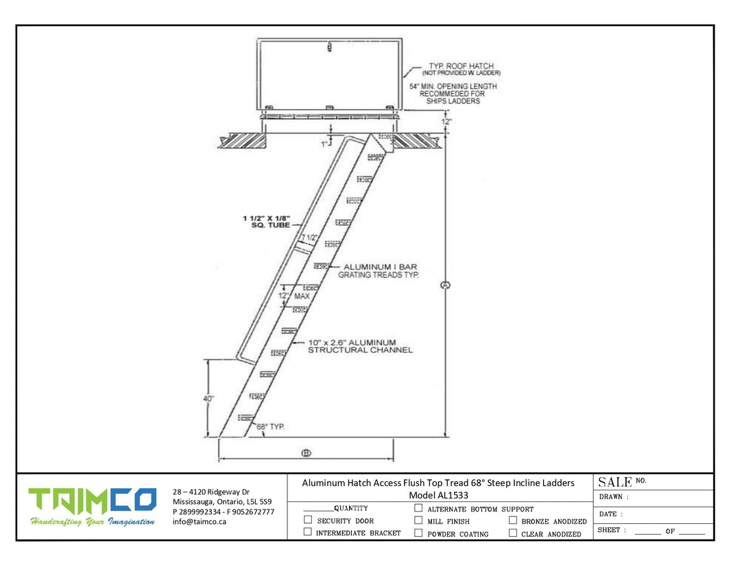 Aluminum Hatch Access Flush Top Tread 68° Steep Incline Ladders Model AL1533