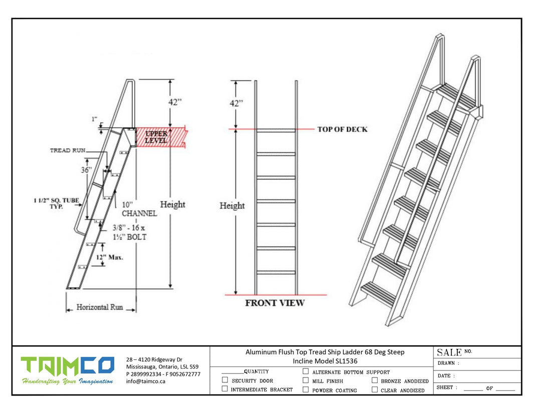 Aluminum Flush Top Tread Ship Ladder 68 Deg Steep Incline Model SL1536