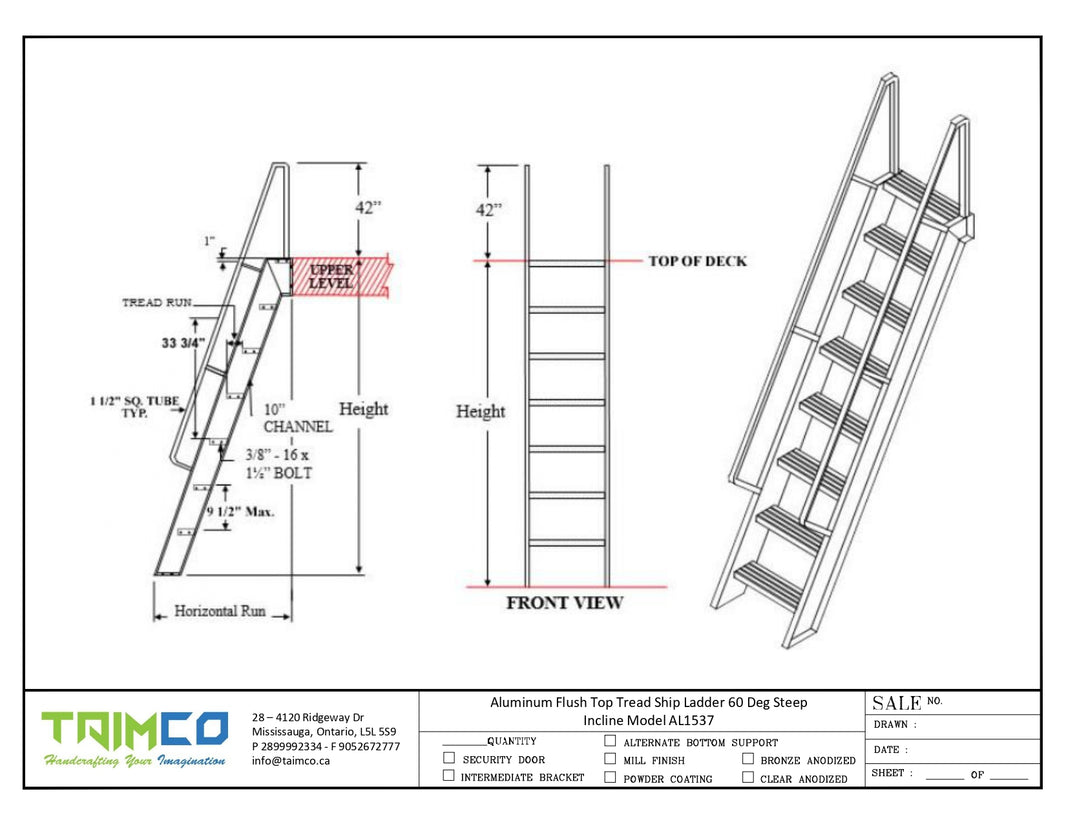 Aluminum Flush Top Tread Ship Ladder 60 Deg Steep Incline Model SL1537