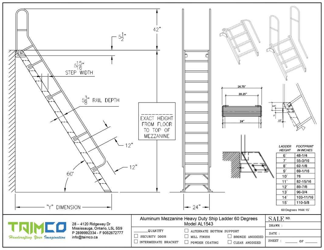 Aluminum Mezzanine Heavy Duty Ship Ladder  Model AL1543