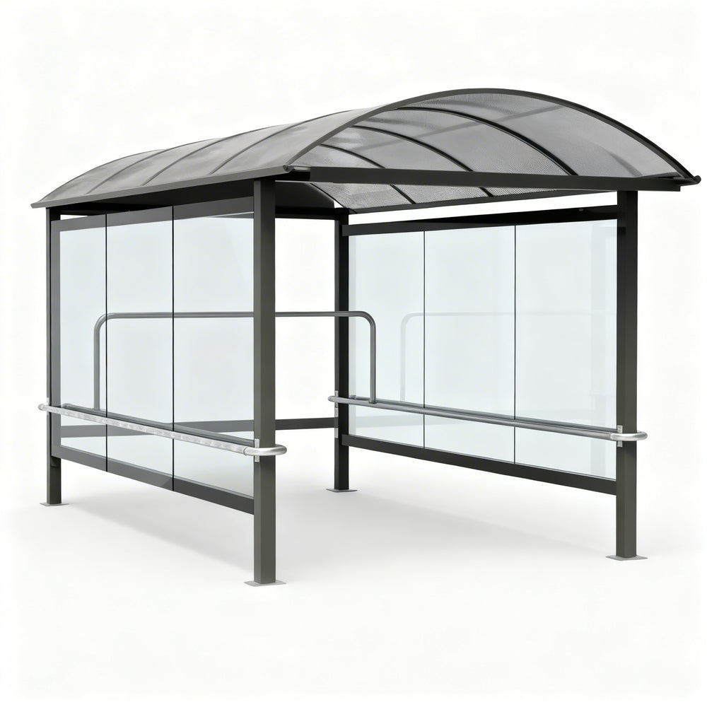 Tempered glass side panel on TAIMCO shopping cart shelter providing visibility and weather protection.
