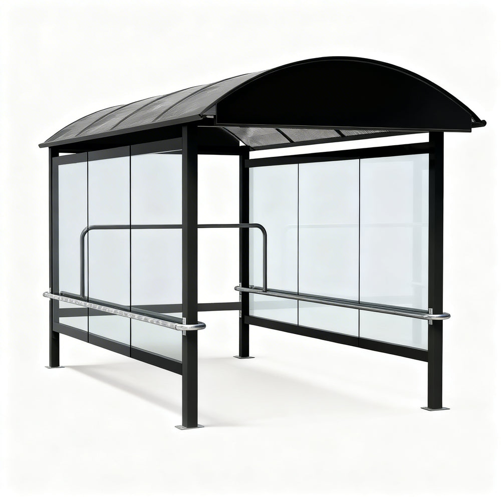 Rear angle of shopping cart shelter with curved roof and full glass back panel.