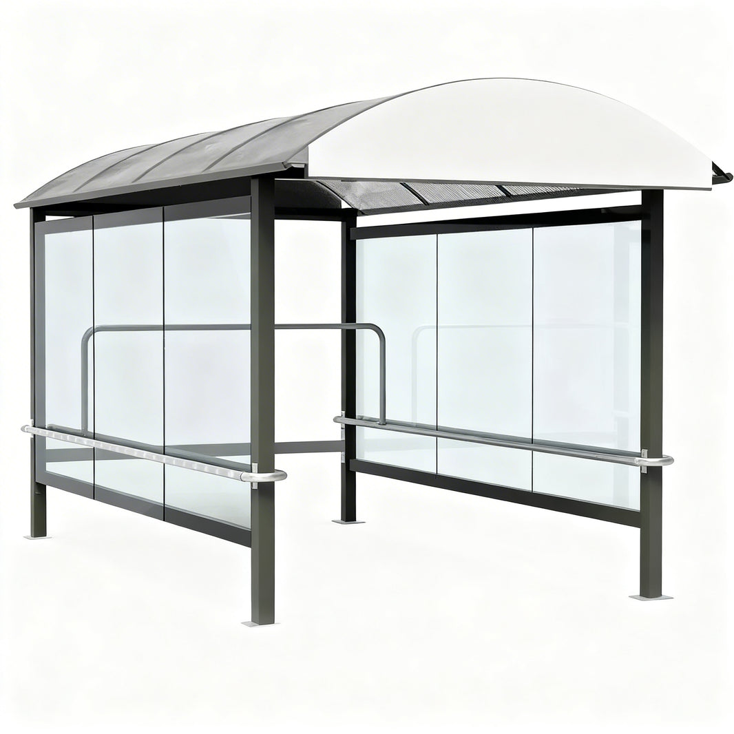 TAIMCO shopping cart shelter with curved translucent roof and full glass side panels.