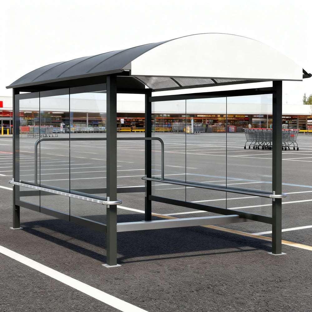 Black steel frame and precision‑welded joints on TAIMCO shopping cart shelter.