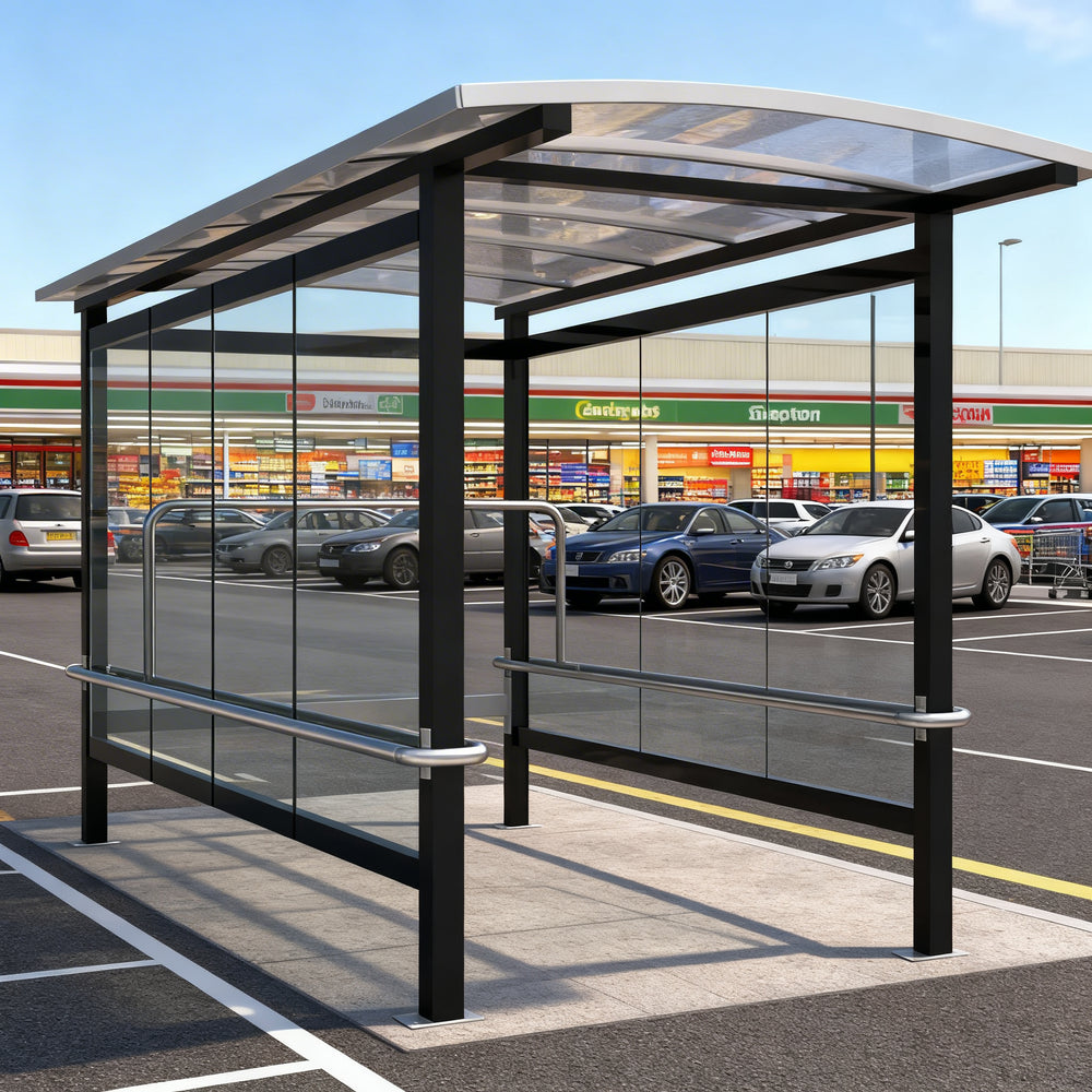 Interior of TAIMCO shopping cart shelter with steel frame and horizontal railings for organized cart storage.