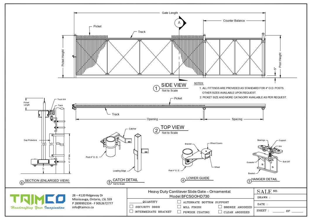 Heavy Duty Top Cantilever Slide Aluminum Gate - Ornamental Pickett - Model BFCSGCLHD730