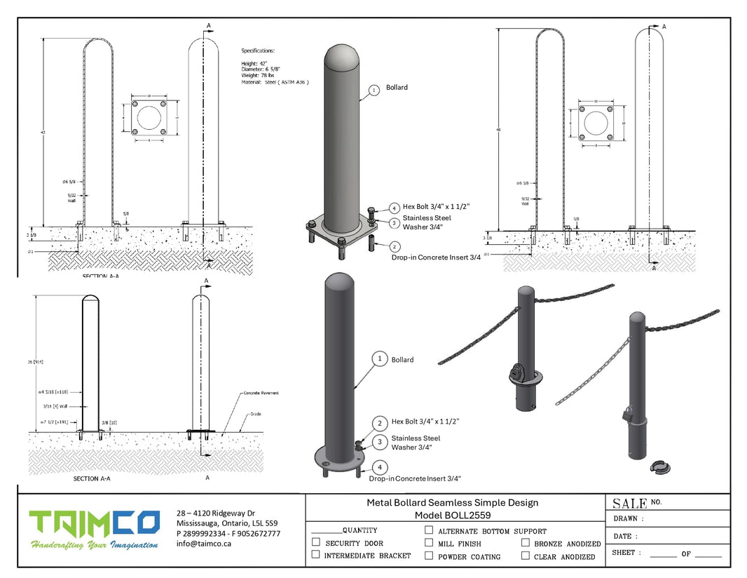 Metal Bollard Seamless Simple Design - Powder Coted - Model BOLL2559