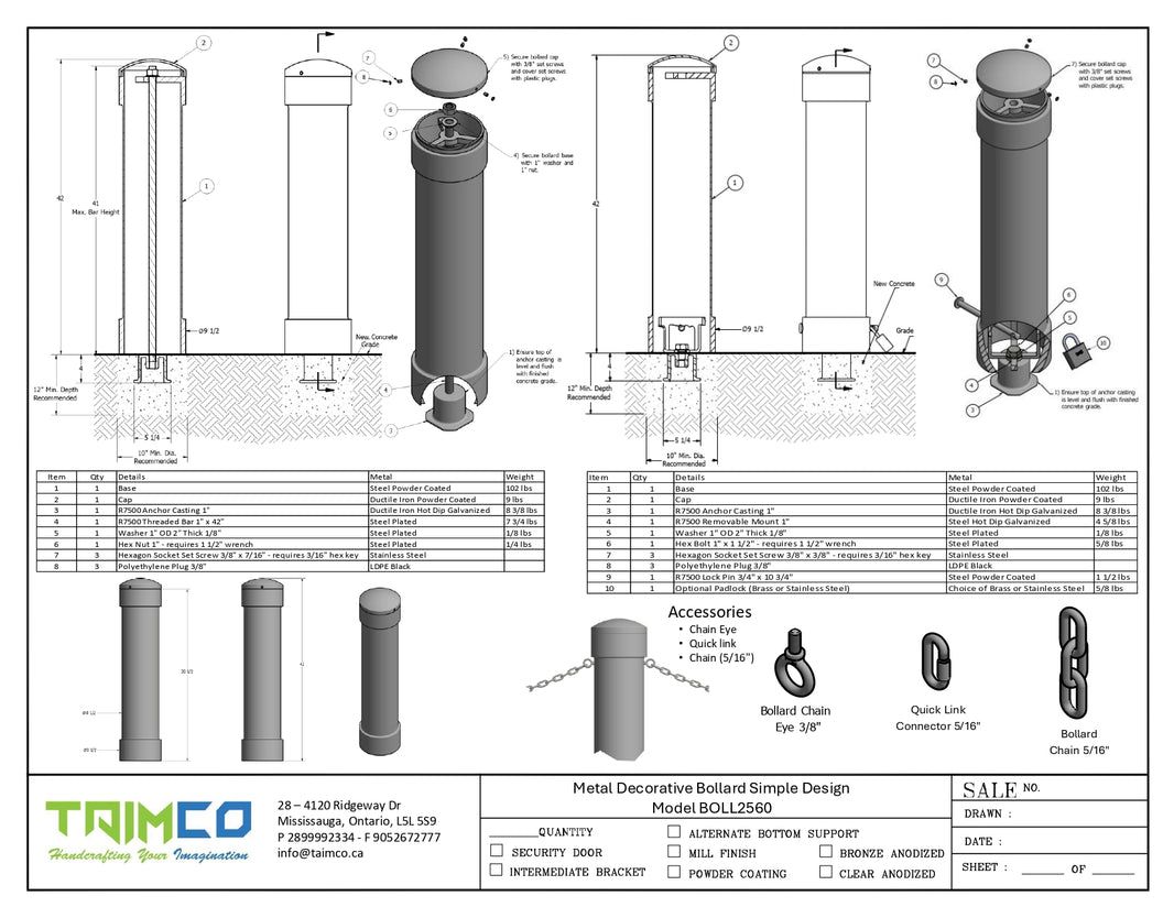 Metal Decorative Bollard Simple Design - Powder Coted - Model BOLL2560