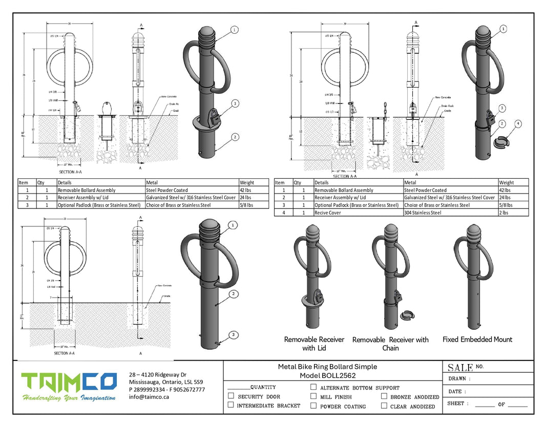 Metal Bike Ring Bollard Simple Design - Powder Coted - Model BOLL2562