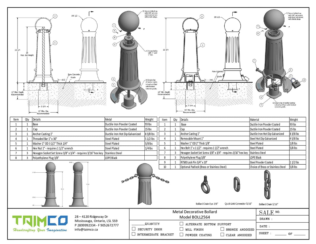 Metal Decorative Bollard Design - Powder Coted - Model BOLL2564