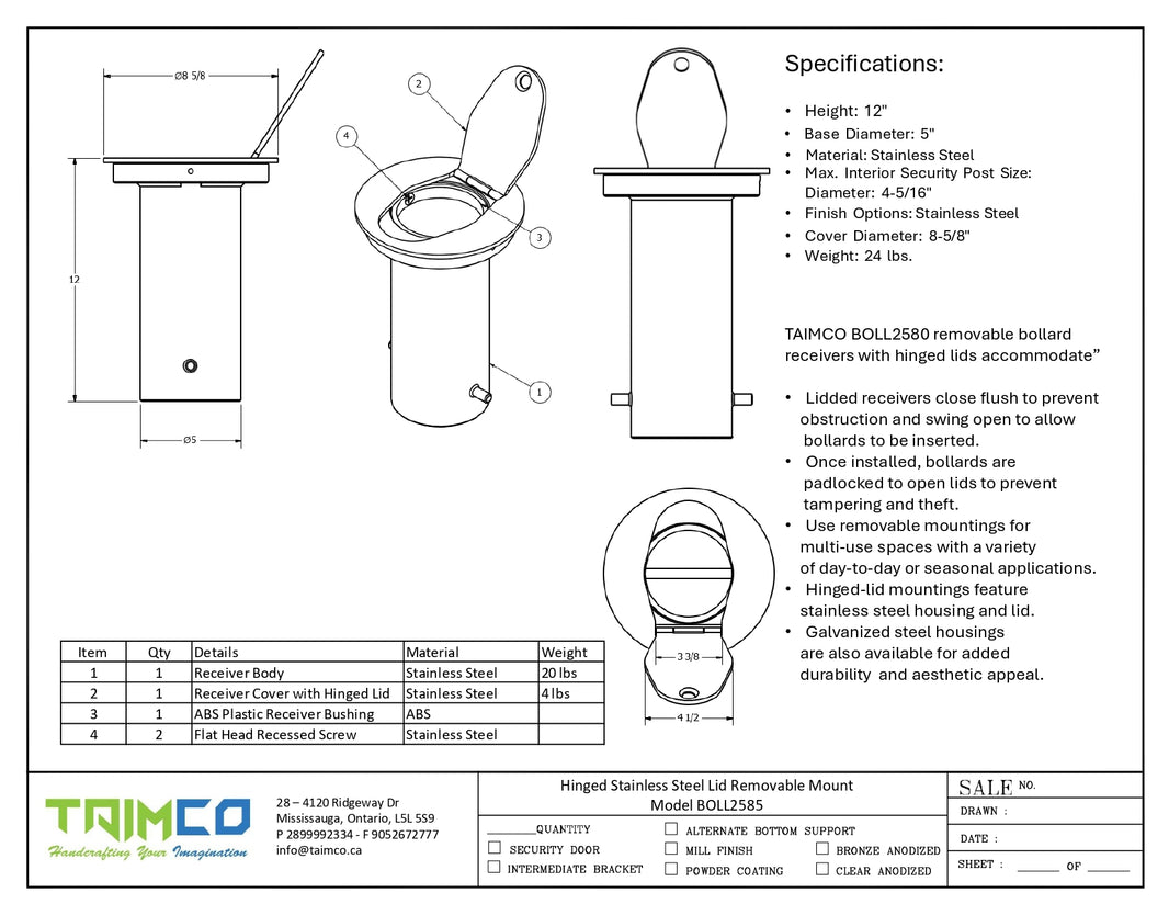 Hinged Stainless Steel Lid Removable Mount - Model BOLL2585