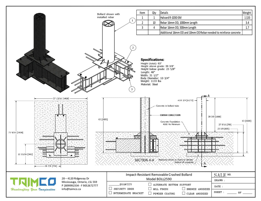 Impact-Resistant Removable Crashed Bollard - Model BOLL2590
