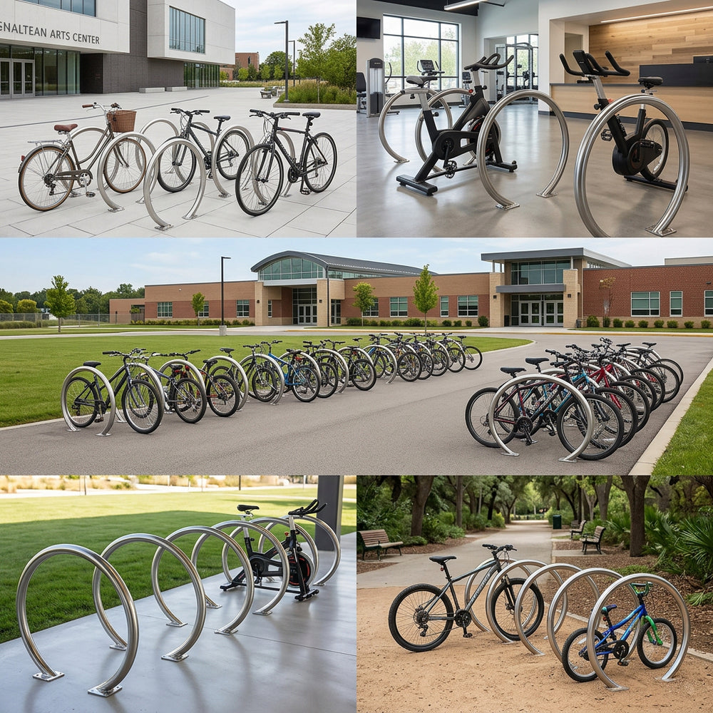 Collage of bicycle racks and bikes in various settings including a building, gym, and outdoor areas.