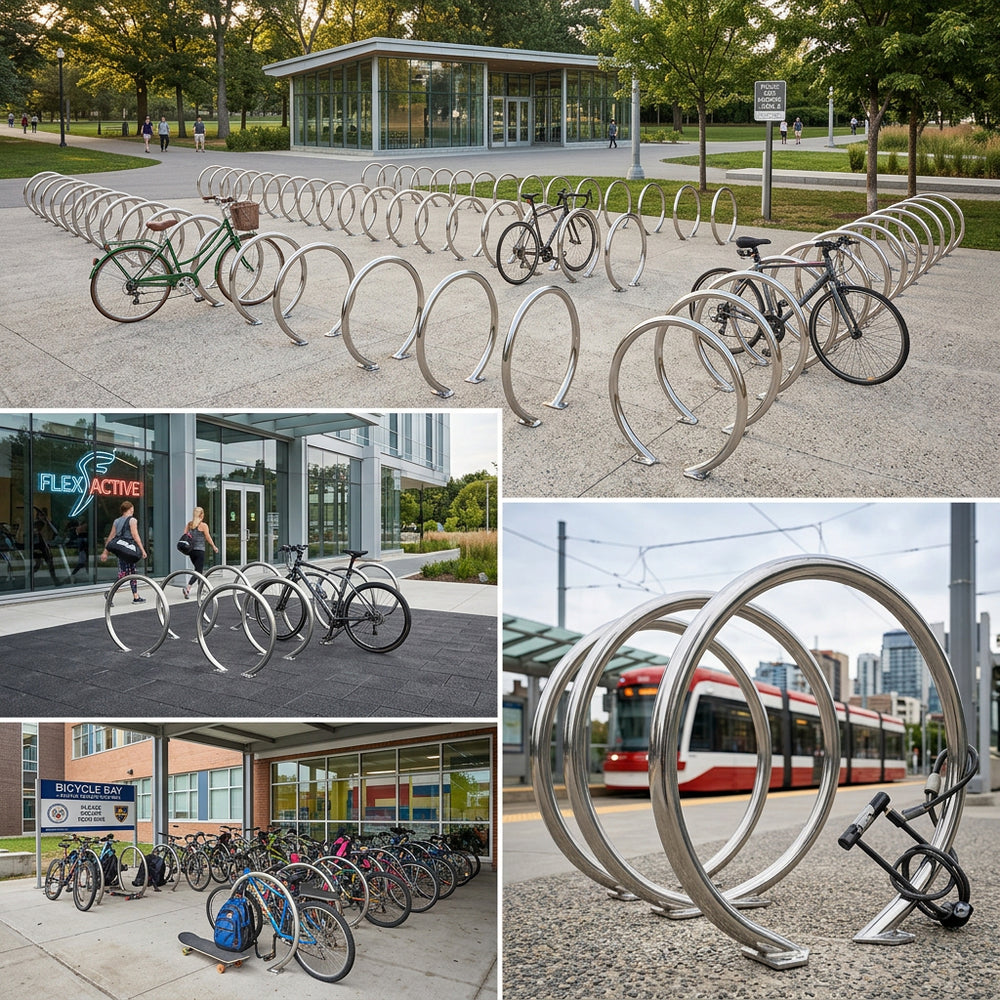 Bicycle racks in various settings with bicycles attached, including a modern building and urban scene.