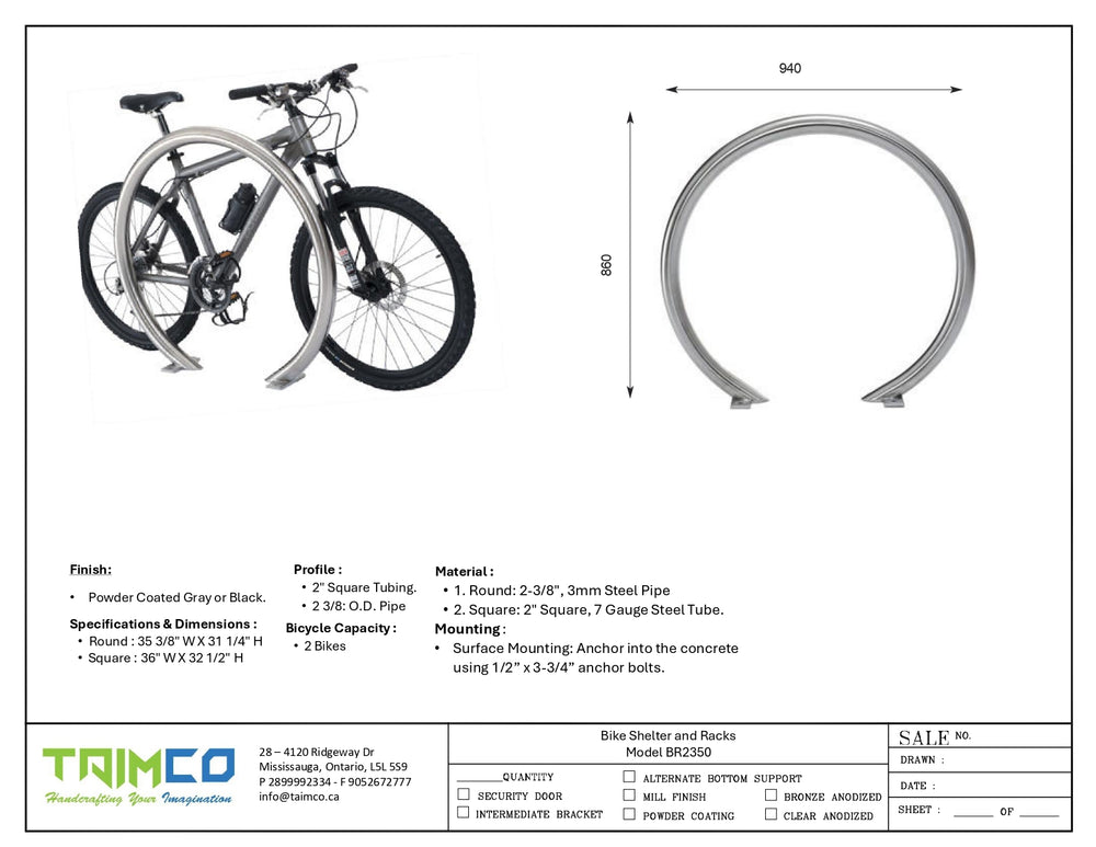 Technical specification sheet for TAIMCO Bike Rack Model BR2350 showing circular steel rack design, dimensional drawing, material details, finish options, and a photo of a bicycle mounted on the rack