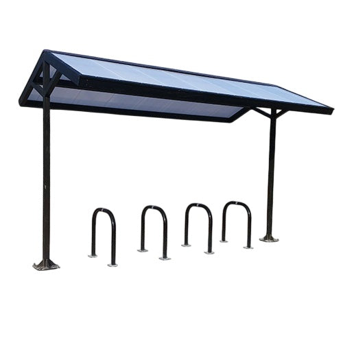 A bike shelter with a translucent polycarbonate roof and metal frame, equipped with bike racks.