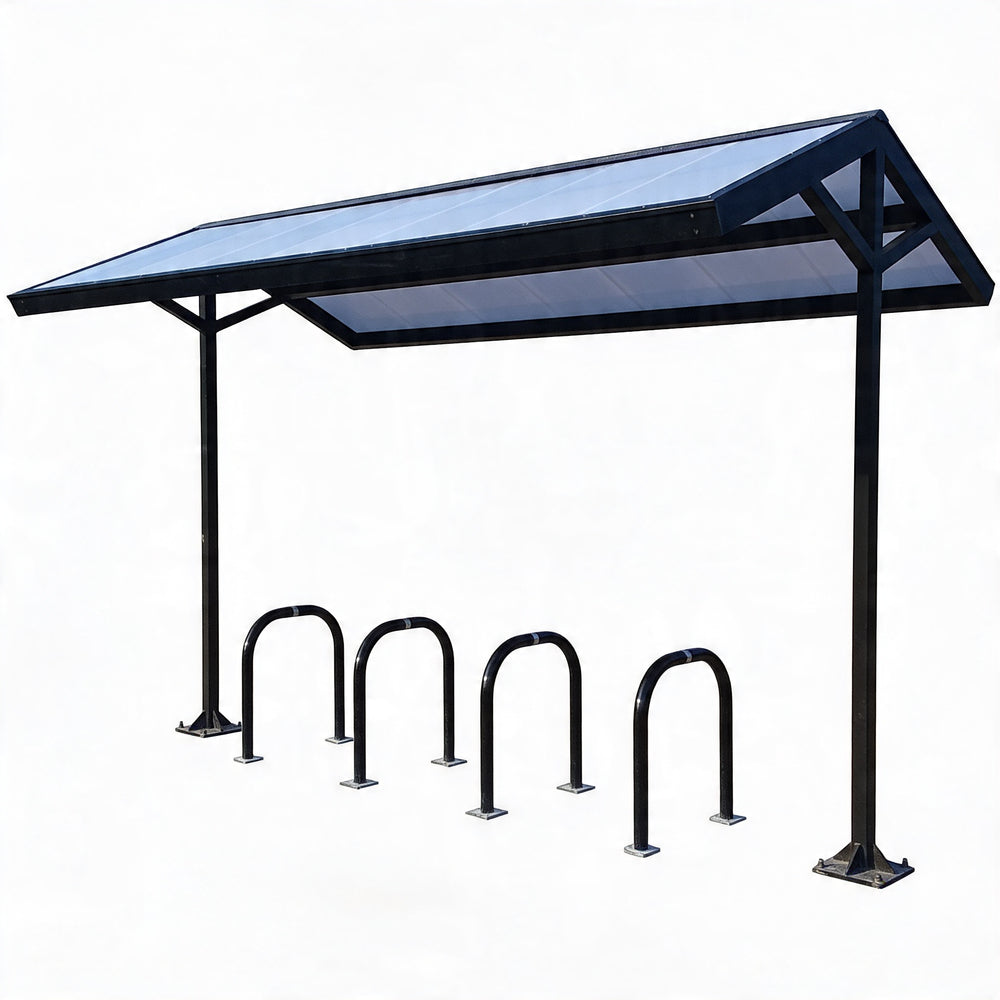 Bicycle parking shelter with solar panel on a white background