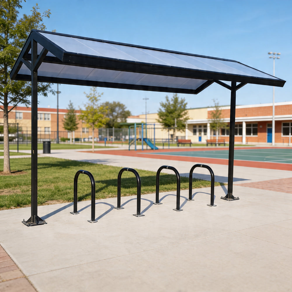 Bicycle rack with solar panel cover in an outdoor setting