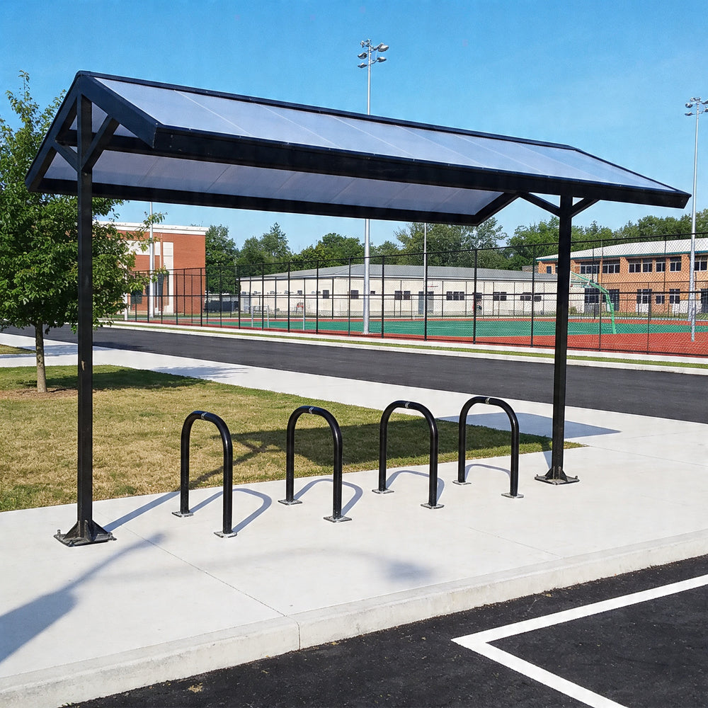 Bicycle rack with solar panel cover in an outdoor setting