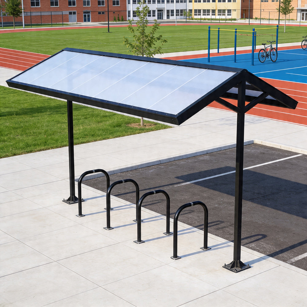 Bicycle shelter with solar panels on a school playground