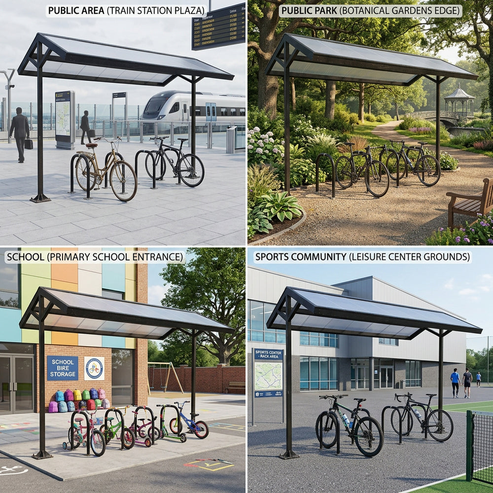 Four different locations with bicycle racks and shelters: train station, park, school, and sports community.