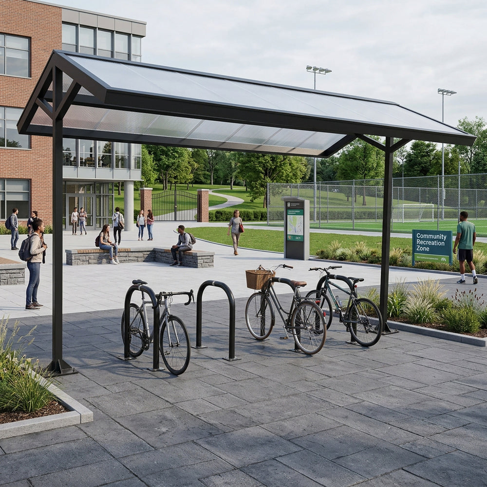Bicycle parking area with a shelter in an urban setting