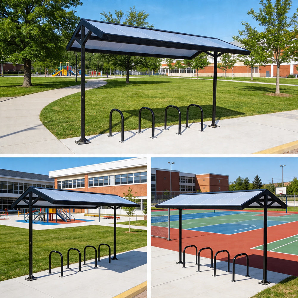 Bicycle shelter with bike racks in a schoolyard setting