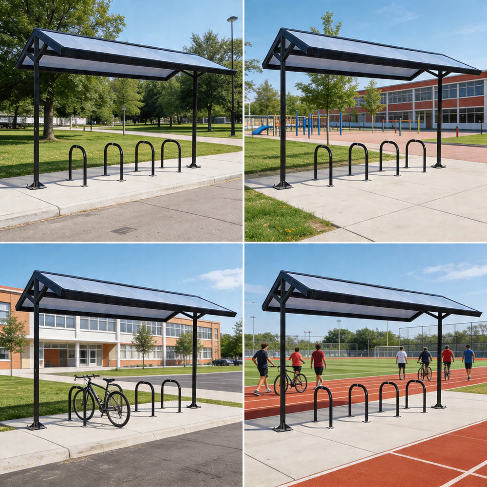 Four views of a bike shelter with bicycle racks in various outdoor settings.