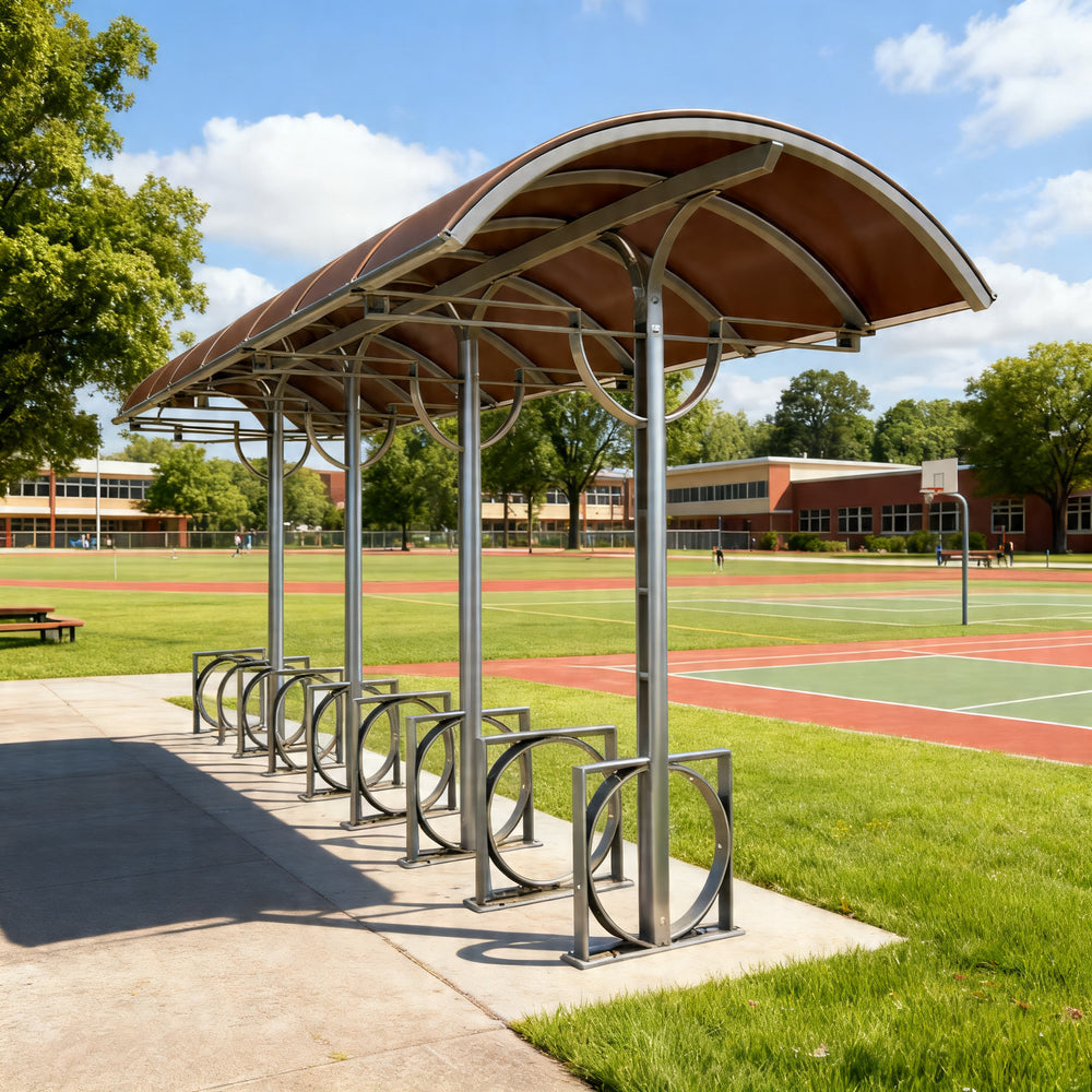 Black steel frame and welded supports on TAIMCO covered bike parking shelter.