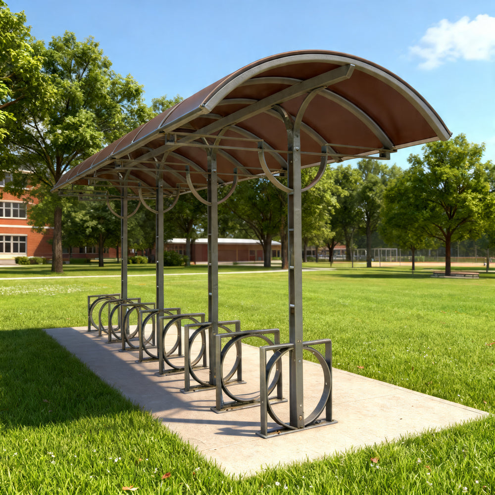 Bicycle shelter with a curved roof in a park setting