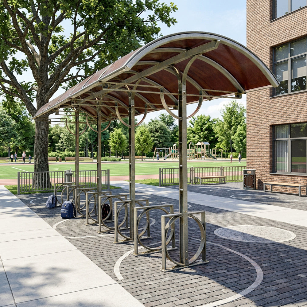 Bicycle parking area with a shelter on a campus or park setting
