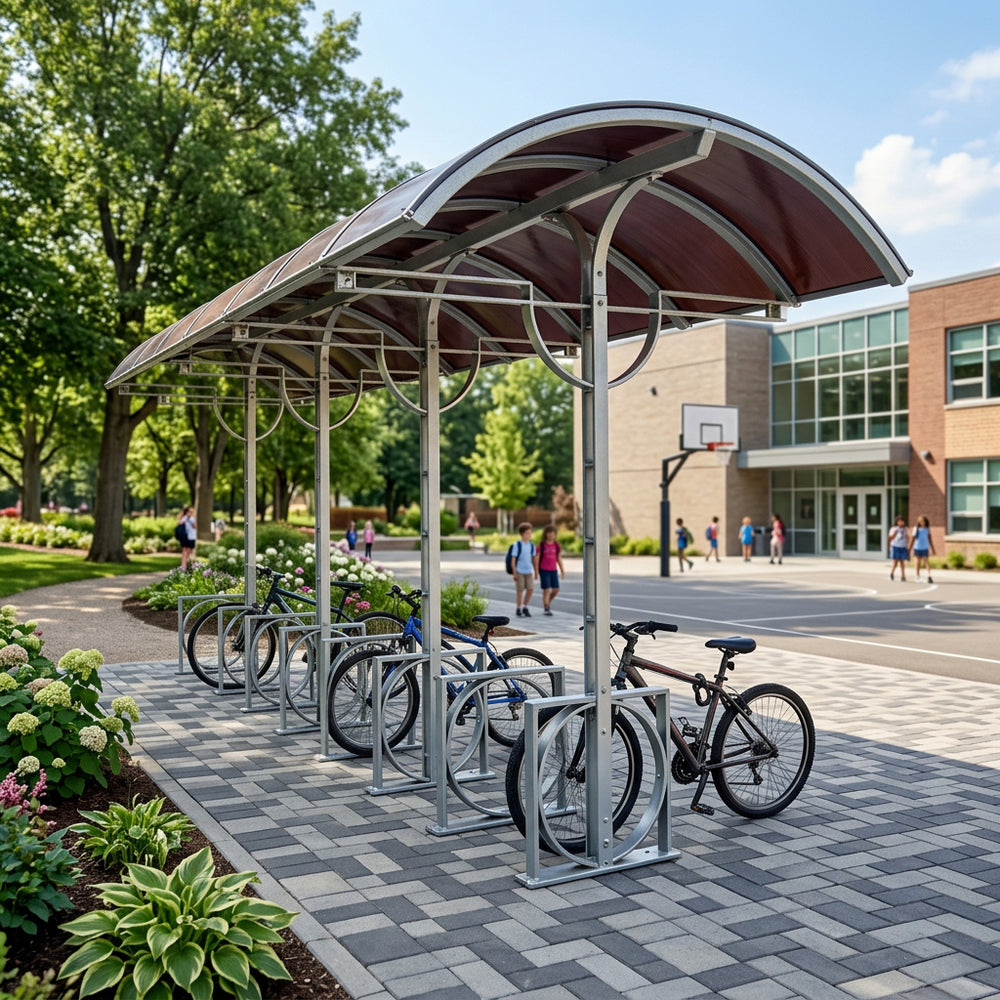 Rear angle of bike parking shelter with curved roof and open‑air design.