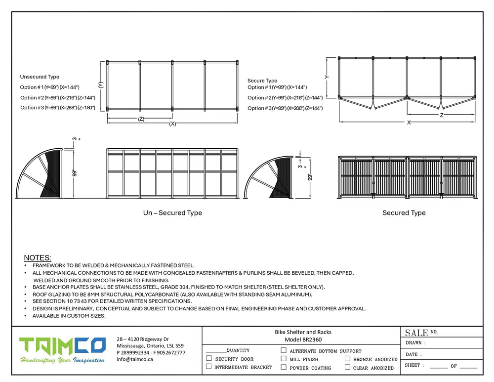 Technical drawing of TAIMCO Bike Shelter Model BR3260 showing curved‑roof design, steel frame structure, bike rack layout, and detailed dimensions in plan, front, and side views