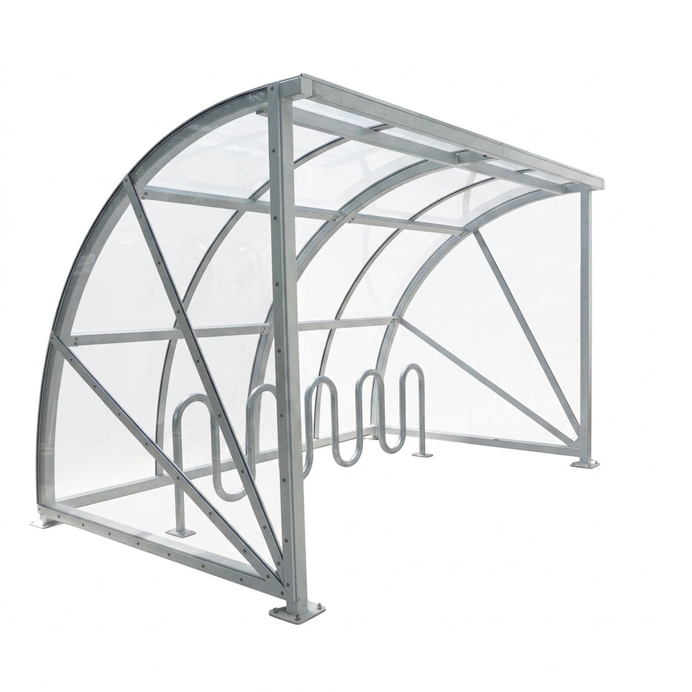 Metal bike shelter with curved roof and multiple racks on a white background
