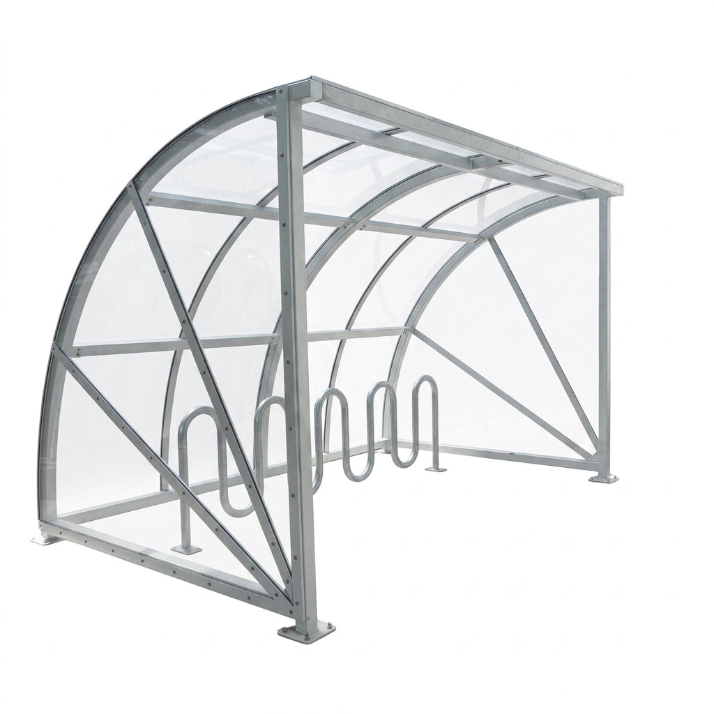 Metal bike shelter with curved roof and multiple racks on a white background