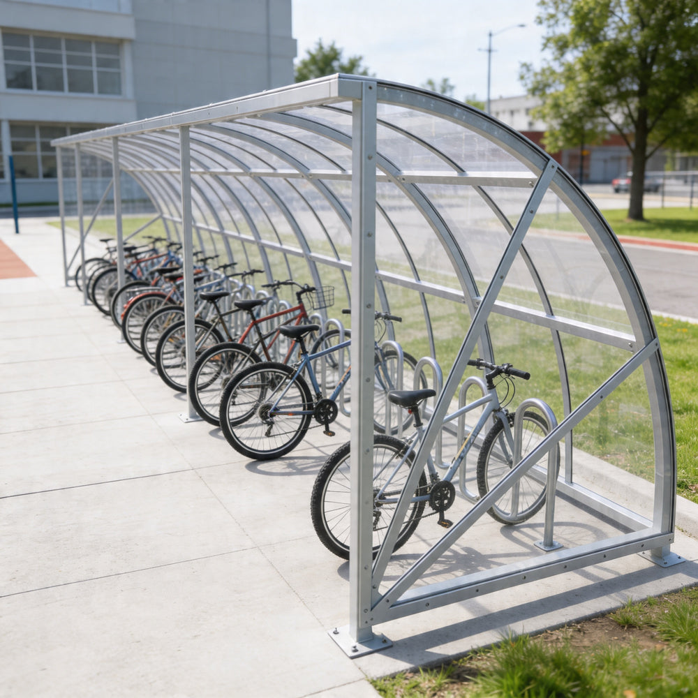Bicycle shelter with multiple bicycles parked inside on a sunny day.