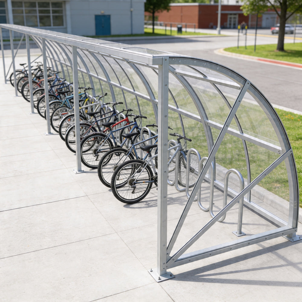 Bicycle rack with multiple bicycles parked underneath on a sidewalk.