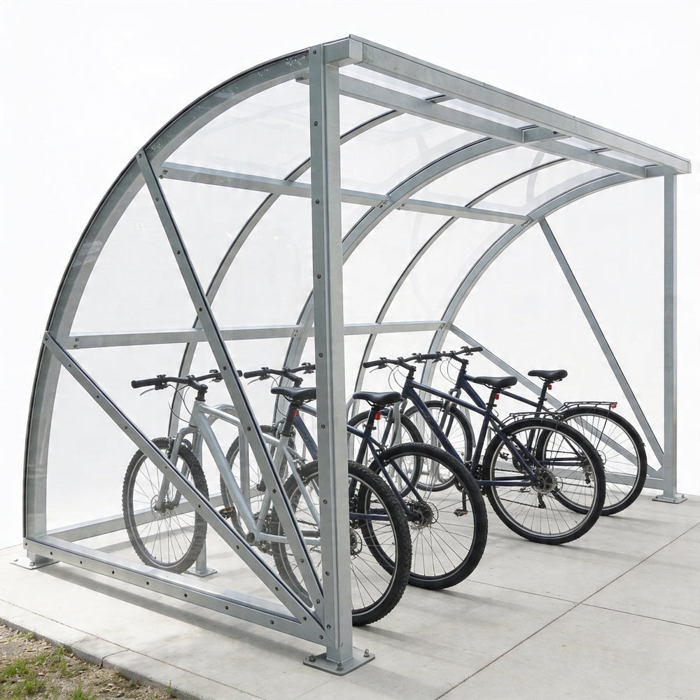 Bicycle shelter with multiple bicycles inside on a white background