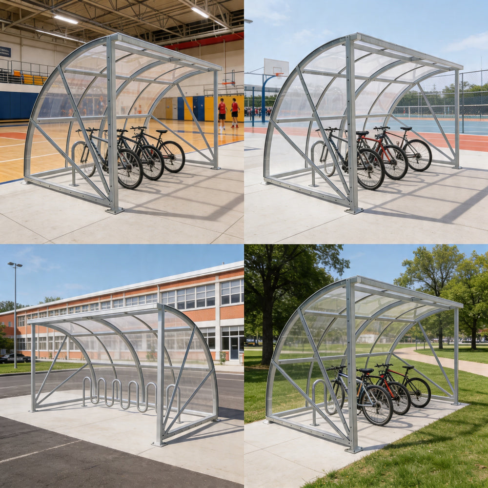 Collage of bicycle sheds in different outdoor settings