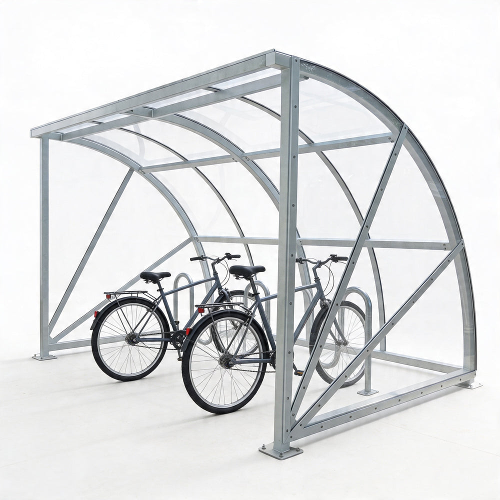 Bicycle shelter with two bicycles inside on a white background