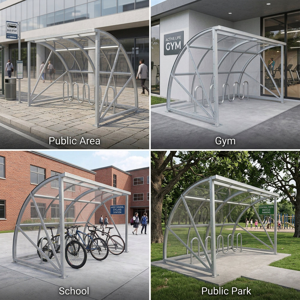 Bicycle shelter in various locations including public area, gym, school, and public park.