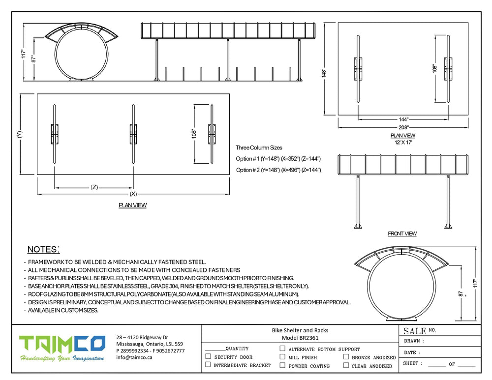 Technical drawing of TAIMCO Bike Shelter Model BR3261 showing curved‑roof design, steel frame structure, bike rack layout, and detailed dimensions in plan, front, and side views