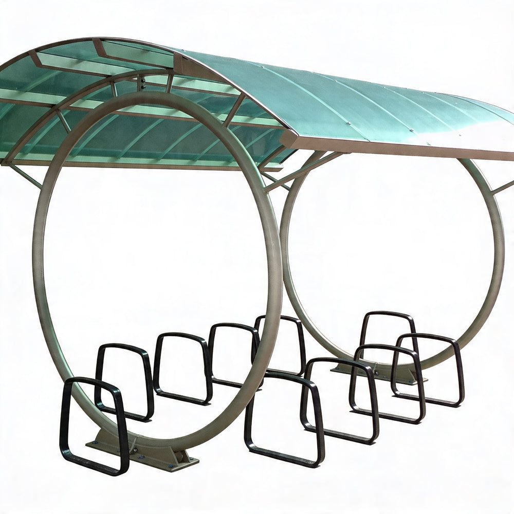 Circular bike shelter with a transparent roof and bike stands on a white background